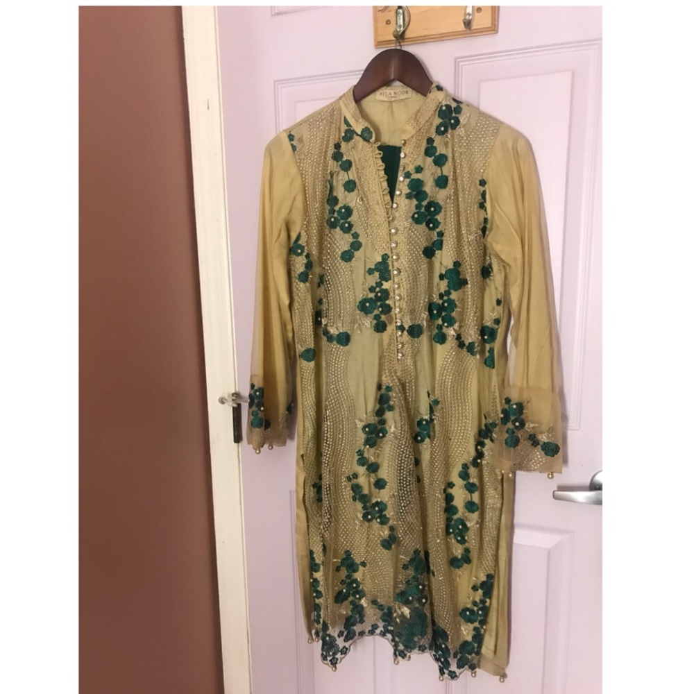 3 pc Pakistani India Tan Aqua Chiffon Bead Outfit